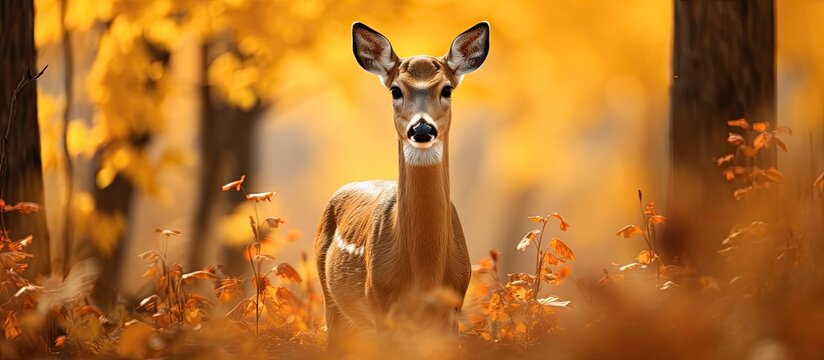 In the heart of the forest amidst the vibrant autumn colors a white tailed deer stood gracefully on a bed of golden leaves a portrait of beauty and serenity The cute animals black snout snif