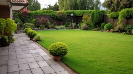 Foto op Aluminium Garden landscape design with pathway intersecting bright green lawns and shrubs white sheet walkway in the garden. Landscape design with colorful shrubs. grass with bricks pathways. lawn care service. © Kowit