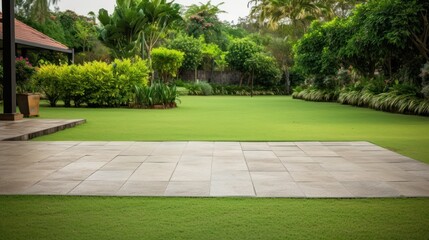 Garden landscape design with pathway intersecting bright green lawns and shrubs white sheet walkway in the garden. Landscape design with colorful shrubs. grass with bricks pathways. lawn care service.