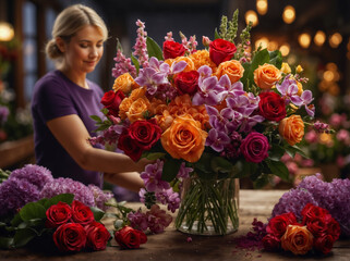 A woman florist working in a flower shop. Ideal for illustrating the floral industry, entrepreneurship, and the artistry of bouquet crafting.