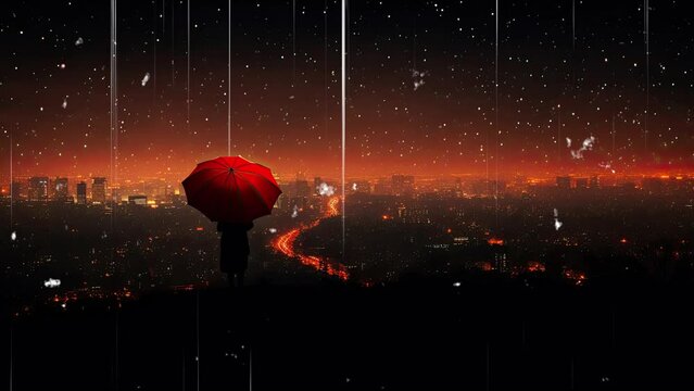 Seamless loop animation. people, pilot. Standing Rainy Night City Holding Umbrella. Photorealistic silhouette. Tokyo high tech city lights --c 50. Created using Generative AI Technology