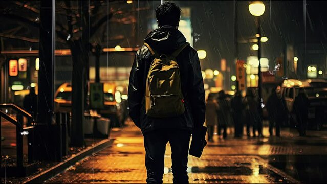 Seamless loop animation. people, pilot. Standing Rainy Night City Holding Umbrella. Photorealistic silhouette. Tokyo high tech city lights --c 50. Created using Generative AI Technology