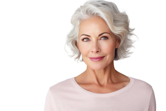 Attractive gorgeous mature older woman looking at camera isolated on a transparent background.