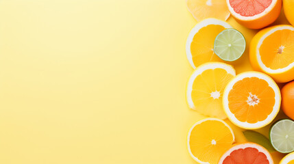 Variety of citrus fruit including lemons, lines, grapefruits and oranges on a yellow background.