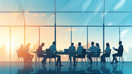 meeting of businessmen, interview, modern office, meeting room interior with a table, on the background of a large panoramic window - obrazy, fototapety, plakaty