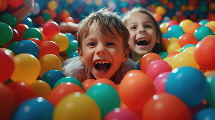 Fototapeta na wymiar Children gleefully playing in a large and playful ball pit