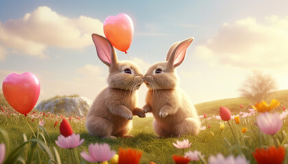 happy bunnies with balloons and hearts