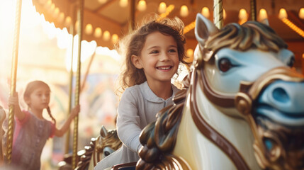 Fototapeta na wymiar Kids happily riding a carousel at an amusement park