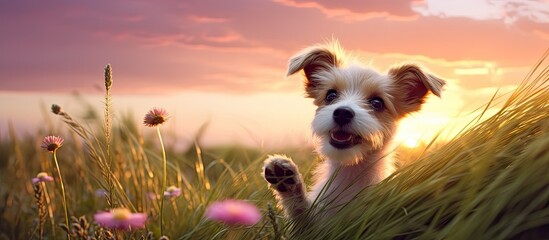 summer evenings soft pink sunset amidst the vast green grass of the park a cute dog frolics happily in natures embrace its beauty a blissful background to the hand that lovingly pets it