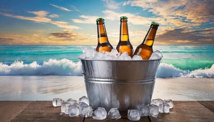 Fotobehang  Close-up view of three beer bottles chilling in a metal bucket filled with ice cubes on the beach. Horizontal composition, front view. © HM Design