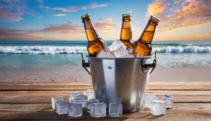 
Close-up view of three beer bottles chilling in a metal bucket filled with ice cubes on the beach. Horizontal composition, front view.