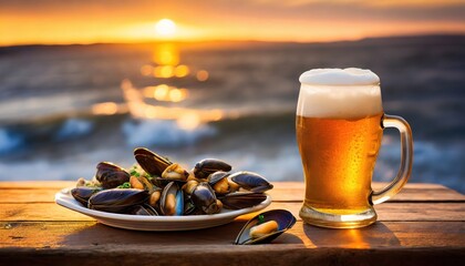 Savoring beer and mussels against the backdrop of a beautiful sunset. - obrazy, fototapety, plakaty