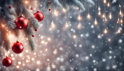  Fantastic glowing background with snowy fir branches and red Christmas balls hanging with string - obrazy, fototapety, plakaty