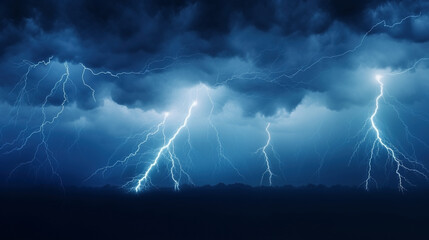 Multiple shafts of lighting in cloudy sky with visible ground at horizon