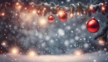  Fantastic glowing background with snowy fir branches and red Christmas balls hanging with string