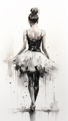 ballerina view high, vertical, narrow from the back pencil sketch on a white background black and white drawing