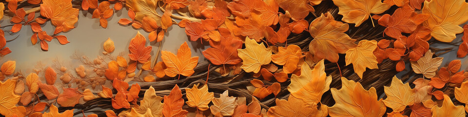 Obraz premium yellow autumn leaves abstract background plastic sculpture digital 3d graphics long, narrow, panorama, design