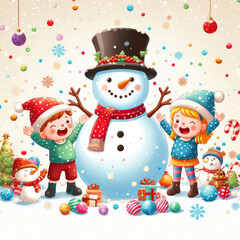 fantasy illustration of joy and celebration of Christmas background with Santa Claus, snowman and Christmas tree