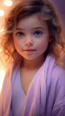 Cute little girl in a light purple, vray tracing style, light white and dark orange robe.