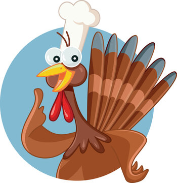 Turkey Chef with Cook Hat Vector Mascot Design. Funny thanksgiving chef thinking what to prepare 
