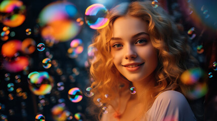 Cute beautiful woman covered in colorful bubbles. Different colors, bright colors, surreal effect.