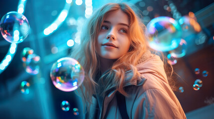 Cute beautiful woman covered in colorful bubbles. Different colors, bright colors, surreal effect.