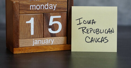 Calendar reminder about the Iowa Republican Caucus for the 2024 US Presidential election on Monday, January 15, 2024. - obrazy, fototapety, plakaty