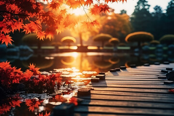 wooden bridge in a forest with fall leaves flowing and lake . AI Generative