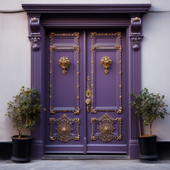A purple door is painted with gold hardware, in the style of matte photo
