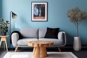 wooden table near black sofa on light blue wall with poster frame. generative ai - obrazy, fototapety, plakaty