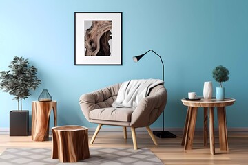 wooden table near black sofa on light blue wall with poster frame. generative ai