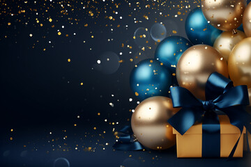 background with blue golden balloons, gifts and confetti, copy space