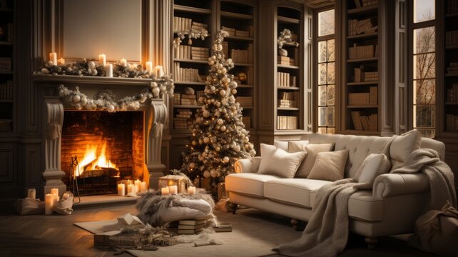 cozy house with everything decorated for christmas, candles, gifts and stockings hanging on the fireplace waiting for christmas