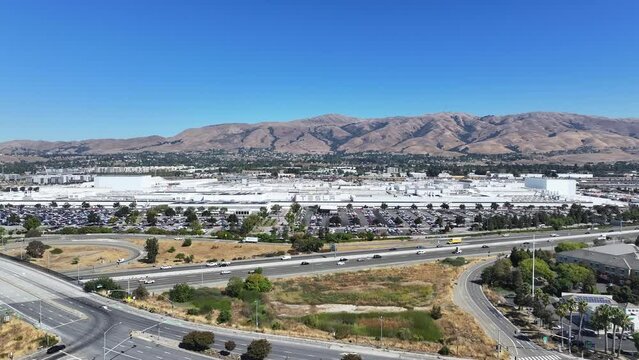Aerial view of Tesla factory producing zero emission clean air electric vehicles in Fremont California