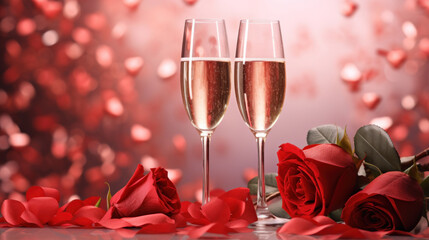 Two champagne glasses and red roses on red hearts background, Valentine's day