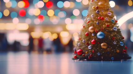 Christmas tree in front of a blurry shopping mall with people