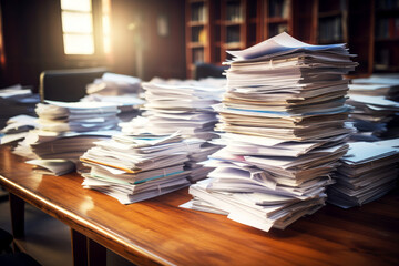 illustration pile of papers sheet on a desk in an office.ai generated