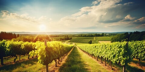 Obraz premium Capture a picturesque vineyard at sunset—a rolling landscape of vine-covered hills, a rustic winery, elegance, fine wine allure