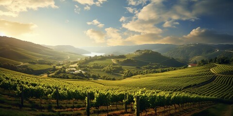 Capture a picturesque vineyard at sunset&mdash;a rolling landscape of vine-covered hills, a rustic winery, elegance, fine wine allure