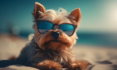 Yorkshire Terrier mit Sonnenbrille am Strand / Lustiges Hunde Poster / Sommer Tierspaß Foto / Lustige Tierwelt / Ai-Ki generiert