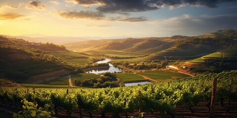 Obraz premium Capture a picturesque vineyard at sunset—a rolling landscape of vine-covered hills, a rustic winery, elegance, fine wine allure