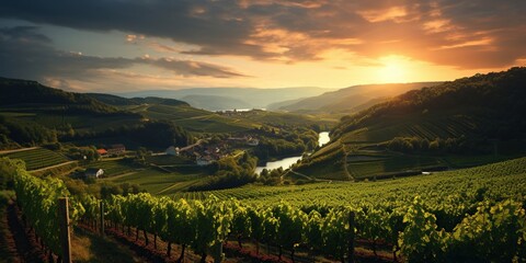 Obraz premium Capture a picturesque vineyard at sunset—a rolling landscape of vine-covered hills, a rustic winery, elegance, fine wine allure