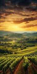 Capture a picturesque vineyard at sunset&mdash;a rolling landscape of vine-covered hills, a rustic winery, elegance, fine wine allure