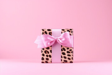 pink leopard gift box with ribbon and bow on pink solid background with copy space