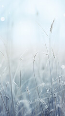 high narrow winter background, blurred in the field, dry blades of grass covered with frost, nature
