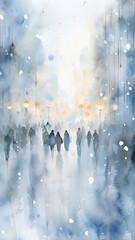city view high, narrow, background watercolor abstract blue light winter snowfall theme people and society blurred