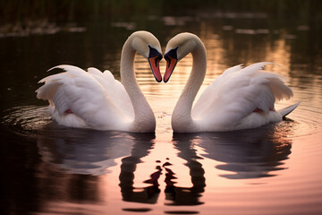two white swans couple, love - obrazy, fototapety, plakaty