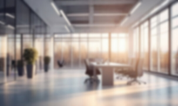 Beautiful blurred background of a light modern office interior with panoramic windows and beautiful lighting