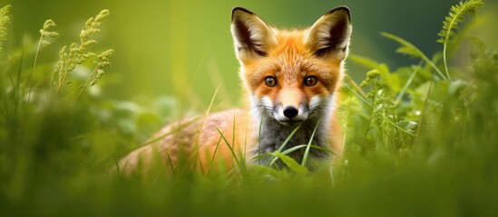 In the serene countryside of Surrey England a captivating sight unfolds as a red fox a cunning carnivore native to Europe prowls through the lush green grass blending seamlessly with the sur - obrazy, fototapety, plakaty