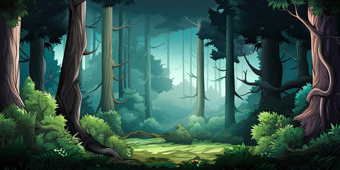 Obraz premium Anime cartoon. style beautiful forest woodland background trees backdrop wide nature, generated ai